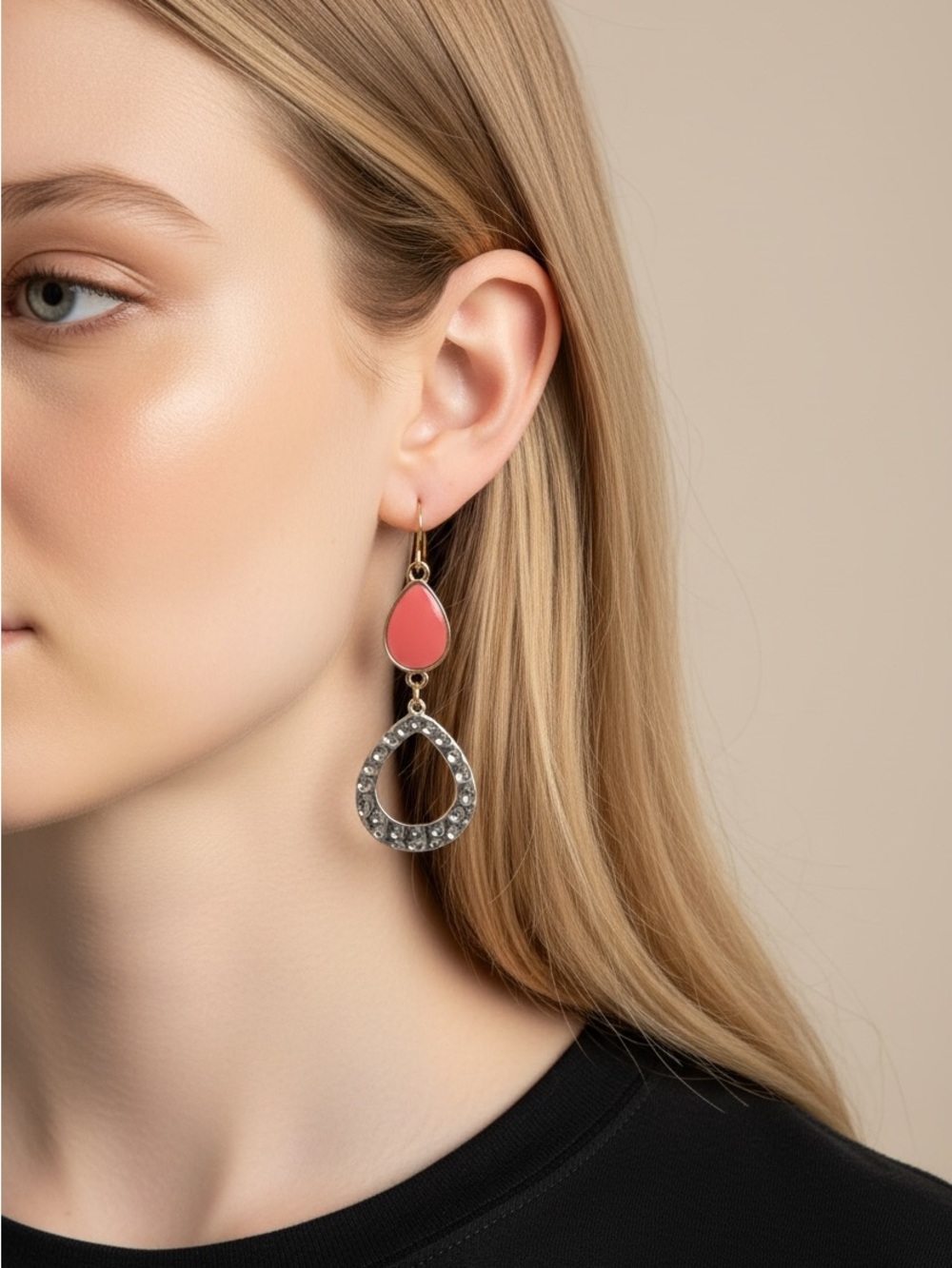 10/2 Gold Teardrop Dangle Earrings with Coral Accent